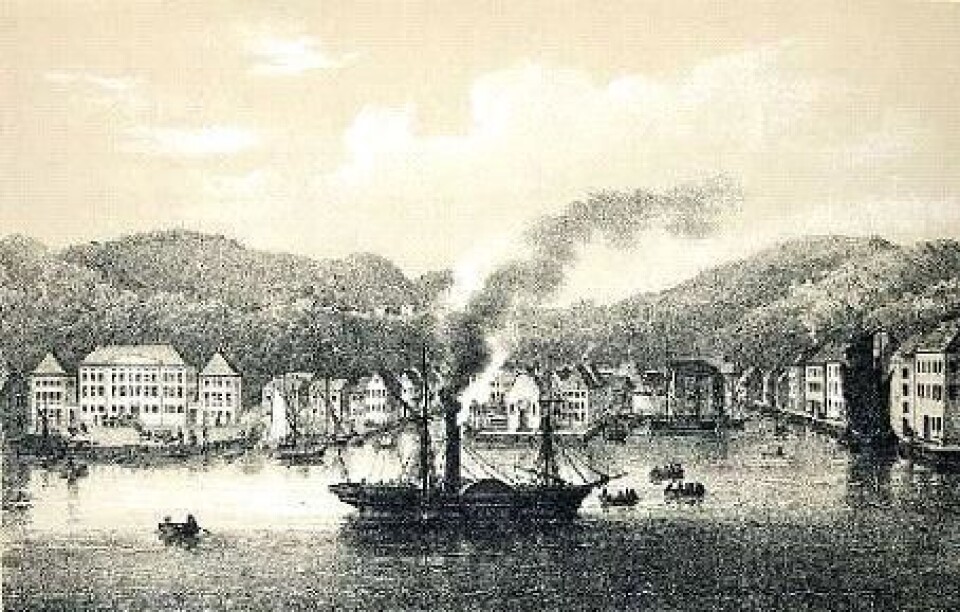 D/S «Constitutionen», Norges første dampskip på havnen i Arendal.