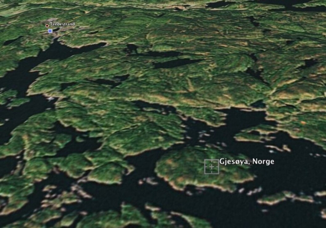 RIB-en kjørte på lille Bastholmen øst for Gjesøya utenfor Tvedestrand.Foto: Google Earth RIB-en kjørte på lille Bastholmen øst for Gjesøya utenfor Tvedestrand.Foto: Google Earth