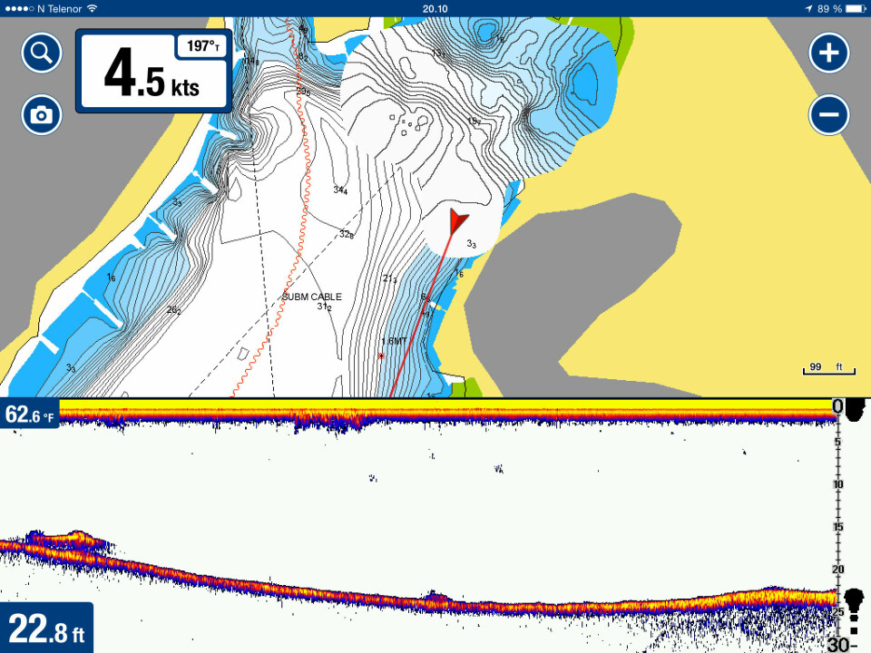 BUNN: Du kan få opp dybdedata på skjermen sammen med kartet. Ekkoloddet kan også brukes for fiske.