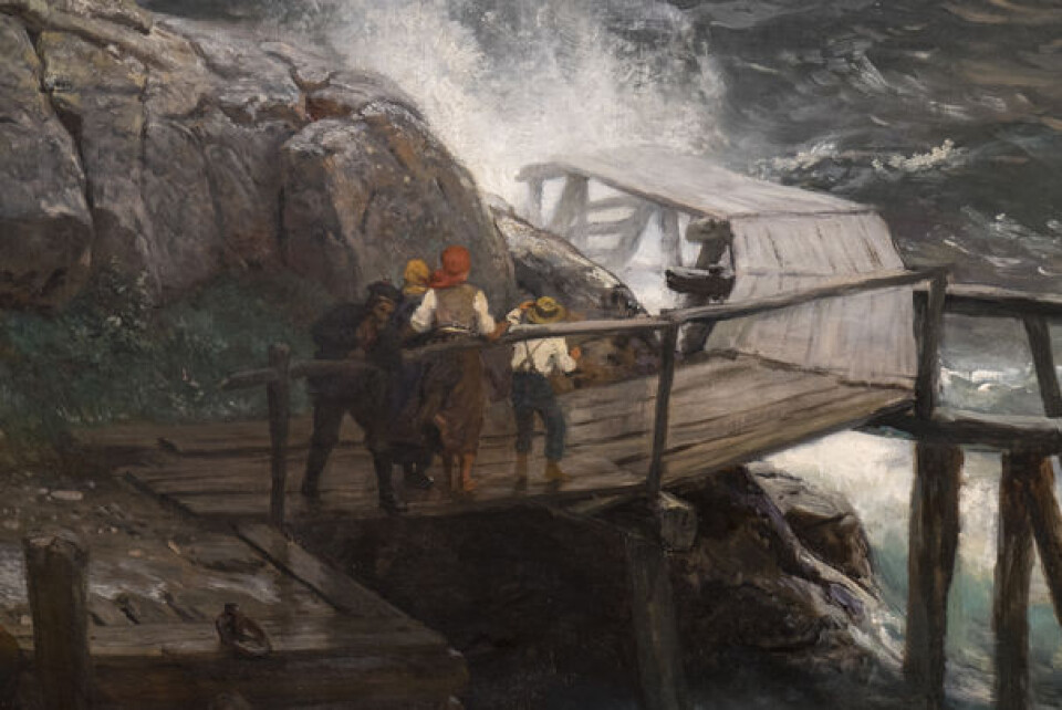 DETALJER: Det er en imponerende detaljrikdom i bildene som vises frem. Dette er en detalj fra bildet «Nødhavn ved den norske kyst. Skudeneshavn, 1880» av Hans Gude.