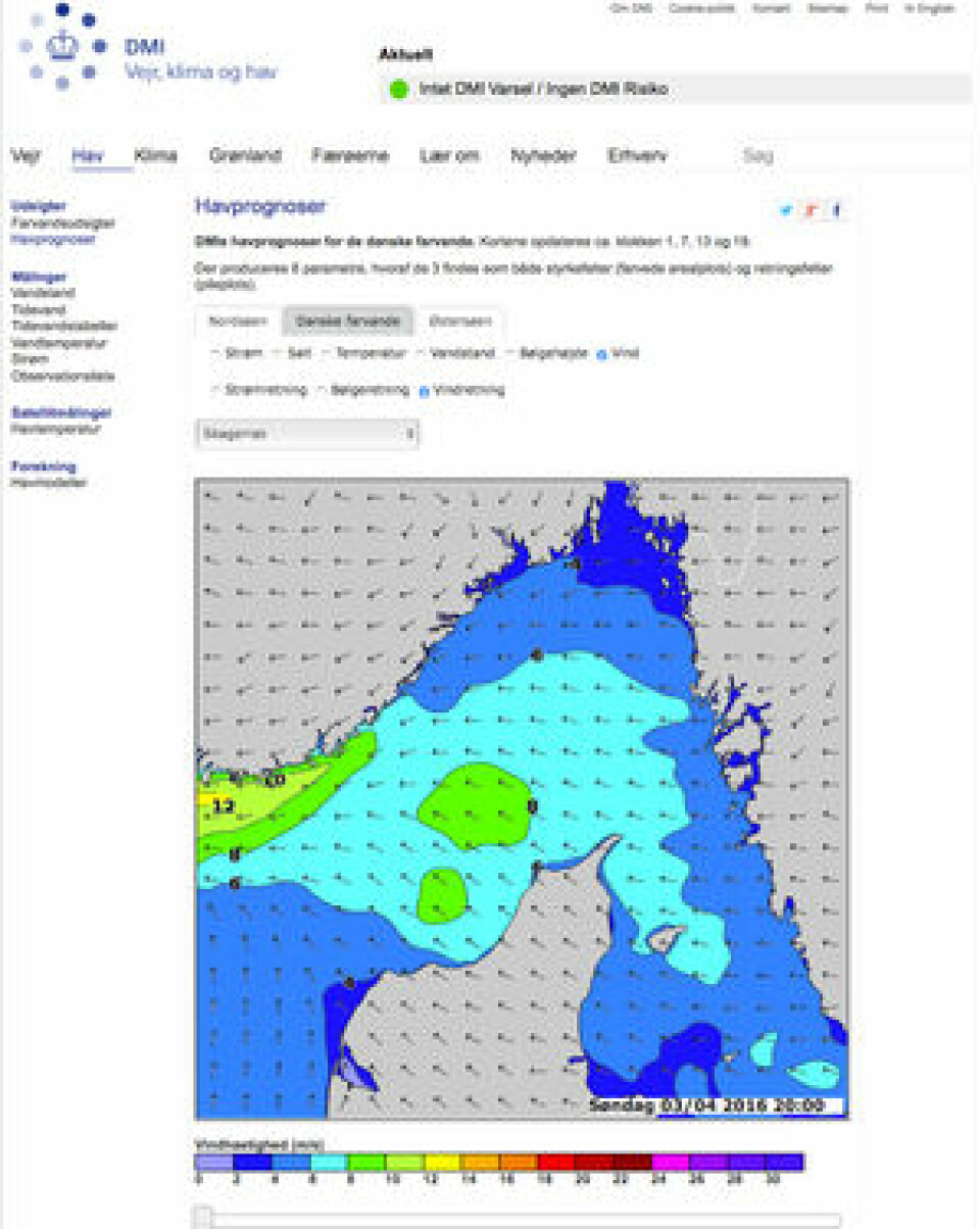 DMI: Dansk Meteorologisk Institutt har gode visualiseringer av både vind, strøm og bølger for hele Skagerrak.