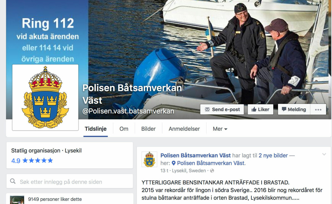 IKKE I NORGE: Svensk politi bruker Facebook mot båttyverier.