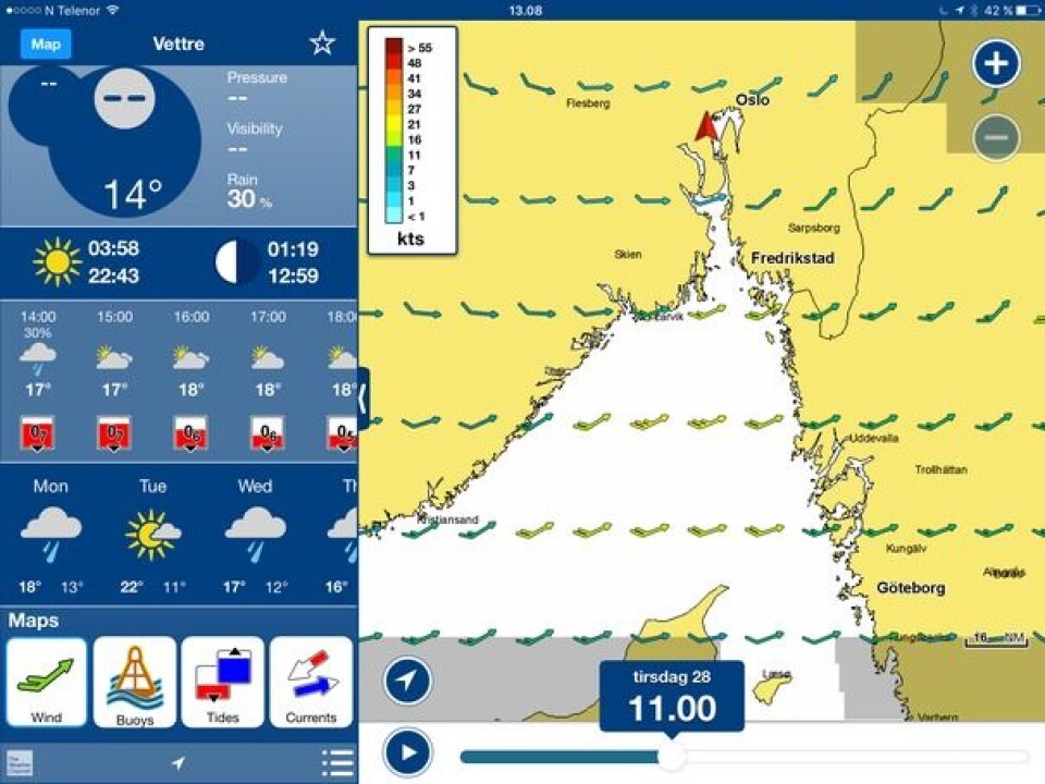 VÆR: Navionics har en bedre værtjeneste. Den er gratis, men kun for de med oppdaterte kart. Værtjenesten er bra, men ikke på høyden med yr.no. VÆR: Navionics har en bedre værtjeneste. Den er gratis, men kun for de med oppdaterte kart. Værtjenesten er bra, men ikke på høyden med yr.no.