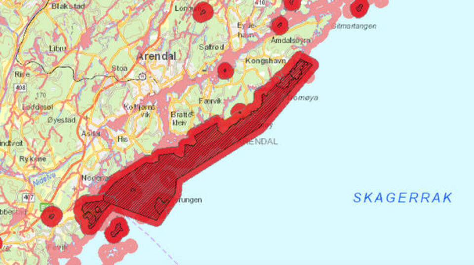 MYE RØDT: Arendal er blant byene en vannscooterfører vil slite med. Fra forbudskartet til Miljødirektoratet. MYE RØDT: Arendal er blant byene en vannscooterfører vil slite med. Fra forbudskartet til Miljødirektoratet.