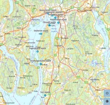 INDRE OSLOFJORD: Dette bildet fikk vi tilsendt av PURA. De blå flekkene viser tømmestasjoner. INDRE OSLOFJORD: Dette bildet fikk vi tilsendt av PURA. De blå flekkene viser tømmestasjoner.