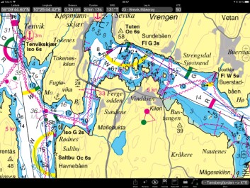 Eksempel på navigasjonsrute gjennom Vrengen-sundet i Vestfold. Eksempel på navigasjonsrute gjennom Vrengen-sundet i Vestfold.