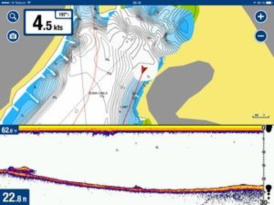 DIREKTE: Med Sonar Charts Live blir kartet oppdatert under veis med data fra dybdemåleren. Systemet har blitt testet ut i sommer.