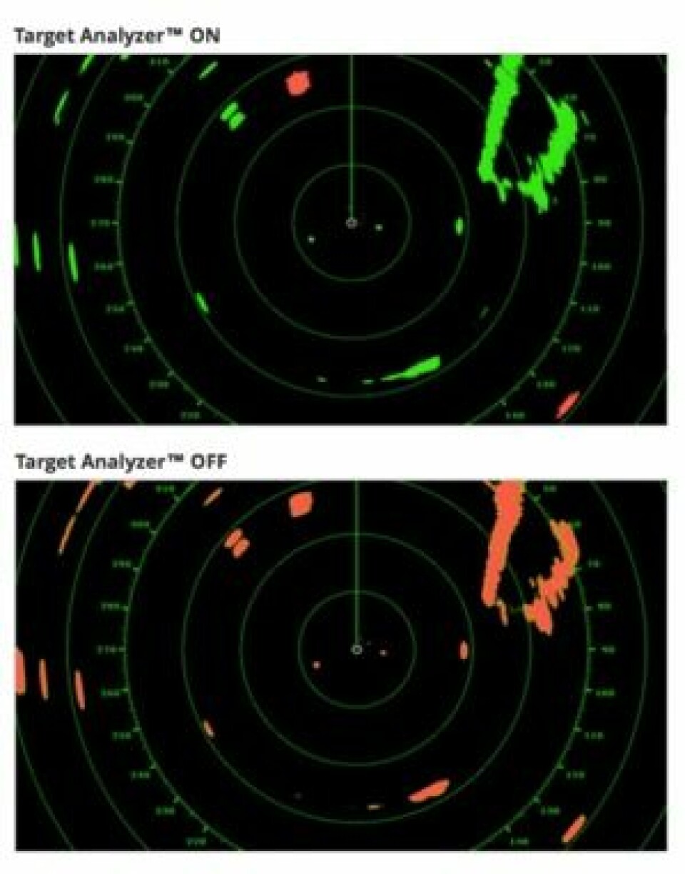 AV/PÅ: Objekter på vei mot radaren blir merket med rødt med funksjonen «Target Analyser» på Furunos nye radar. Funksjonen gjør radaren enklere å bruke, og plukker objekter verdt å følge ...