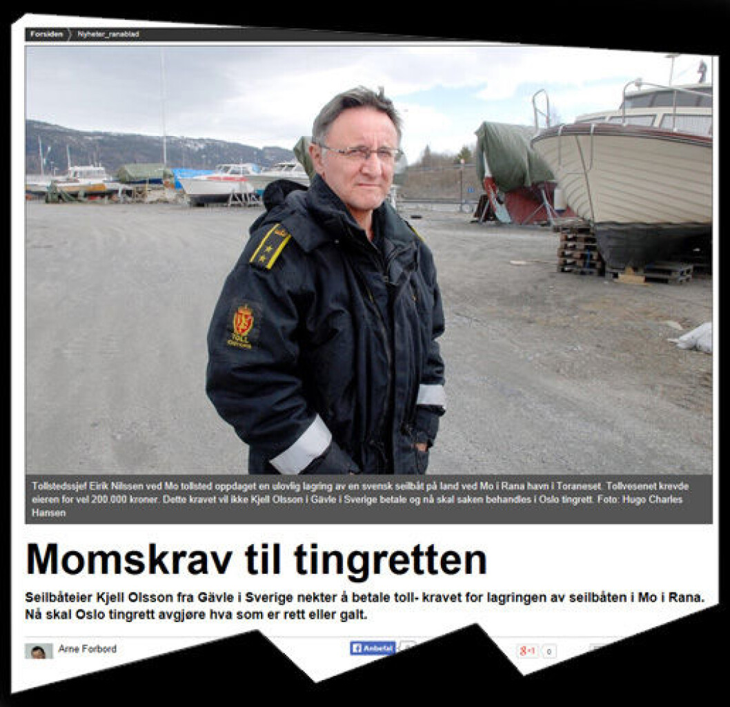 TOLLTULL: Helgeland Arbeiderblad omtalte saken da en tollinspektøren fant den svenske båten vinterlagret i Mo i Rana. TOLLTULL: Helgeland Arbeiderblad omtalte saken da en tollinspektøren fant den svenske båten vinterlagret i Mo i Rana.