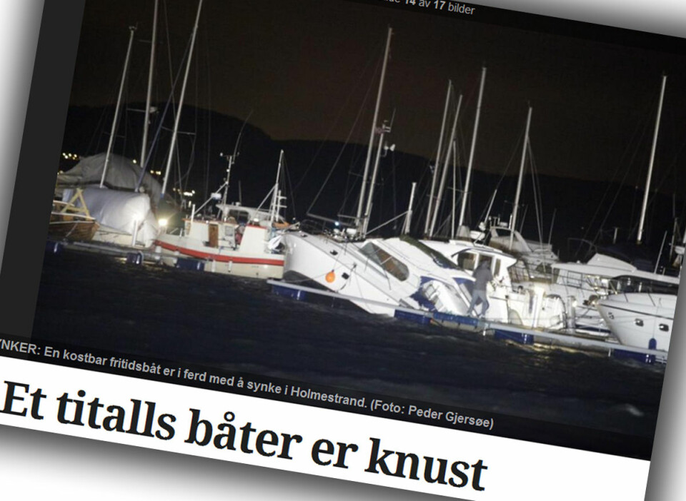 KAOTISK: Flere båter i havna i Holmestrand har fått store skader. FOTO: Skjermdump tb.no