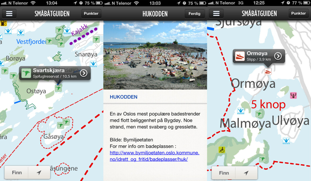 NYTTIG: I appen finnes blant annet informasjon om de ulike sjøfuglreservatene (t.v), badestrender og fartsrestriksjoner. NYTTIG: I appen finnes blant annet informasjon om de ulike sjøfuglreservatene (t.v), badestrender og fartsrestriksjoner.