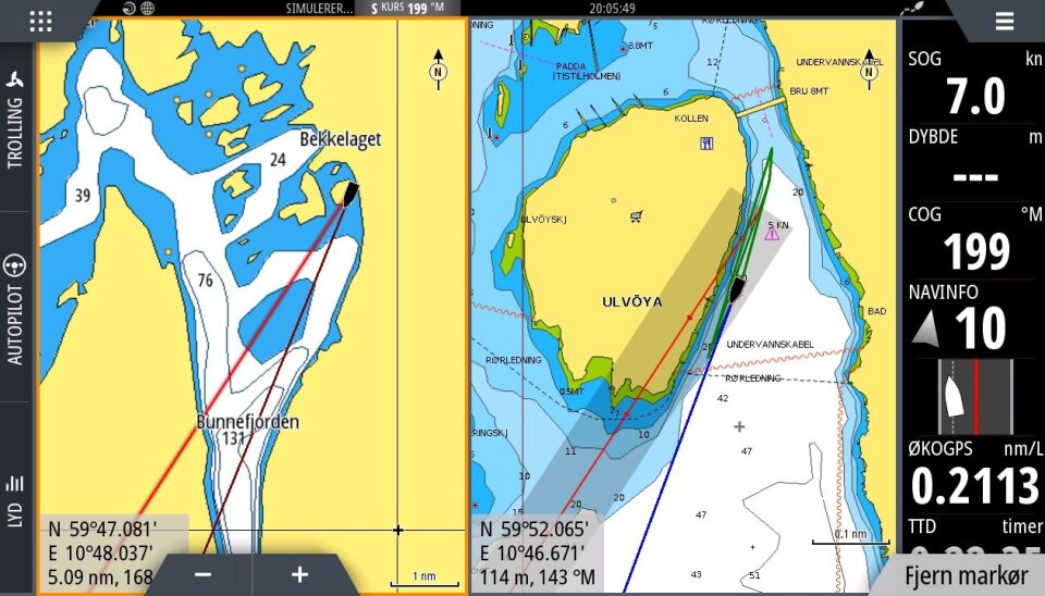 KURS: I kartet vises
to vektorer, en for
GPS-basert kurs, og
den andre for visning
av kurs fra kompass.
Forskjellen er cirka
10 grader på grunn av
deviasjon og magnetiske
kilder i nærheten
av kompass. KURS: I kartet vises
to vektorer, en for
GPS-basert kurs, og
den andre for visning
av kurs fra kompass.
Forskjellen er cirka
10 grader på grunn av
deviasjon og magnetiske
kilder i nærheten
av kompass.