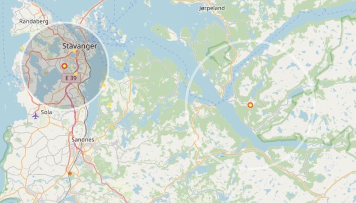 LYDENS HASTIGHET: Her har lynet slått ned ved stavanger, og sirkelen viser hvor langt lyden har kommet. Eksempelet er hentet fra LightningMaps. LYDENS HASTIGHET: Her har lynet slått ned ved stavanger, og sirkelen viser hvor langt lyden har kommet. Eksempelet er hentet fra LightningMaps.