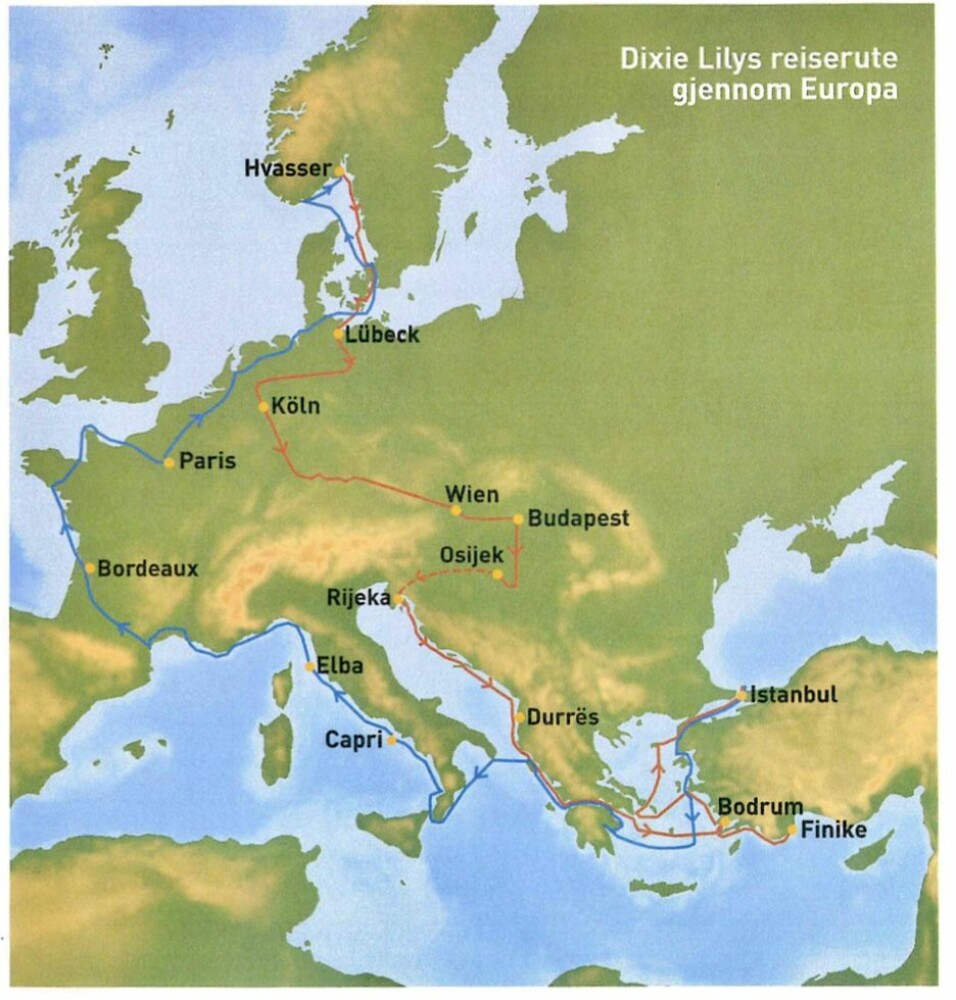 BEREIST: Kartet viser de to tidligere turene til Dixie Lily gjennom Europa og Middelhavet.