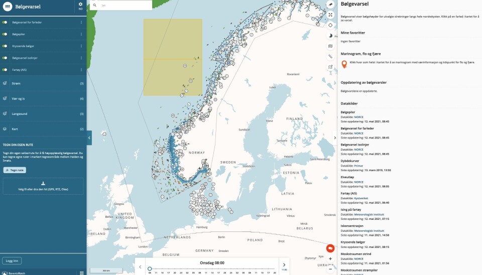 SIMULERING: Ved hjelp av bølgevarselet til Barentswatch kan man få nyttig informasjon om vær- og bølgeutvikling for det området man planlegger å ferdes i. SIMULERING: Ved hjelp av bølgevarselet til Barentswatch kan man få nyttig informasjon om vær- og bølgeutvikling for det området man planlegger å ferdes i.
