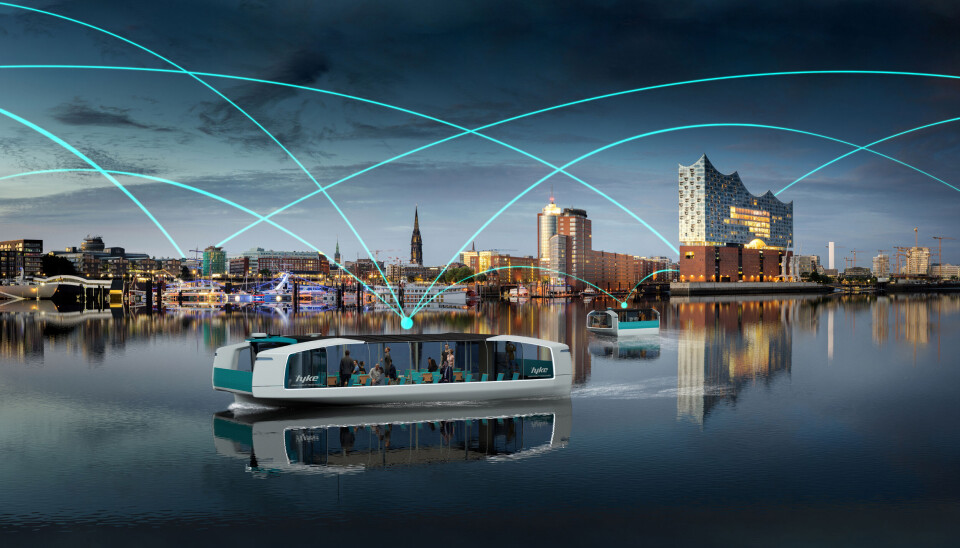 FØRERLØSE FERGER: På strøm og uten skipper i 5 knop. Denne skal prøves på Glomma i Fredrikstad før den tilbys i verdensmarkedet. (FOTO: HYDROLIFT). FØRERLØSE FERGER: På strøm og uten skipper i 5 knop. Denne skal prøves på Glomma i Fredrikstad før den tilbys i verdensmarkedet. (FOTO: HYDROLIFT).