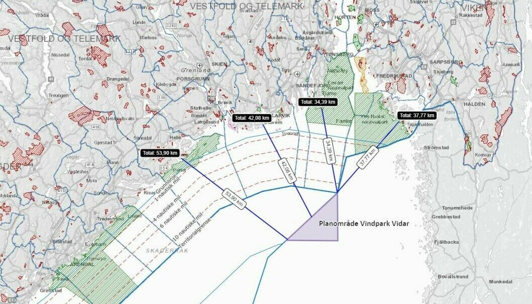 DIGERT: Det planlagte anlegget vil ligge 34,4 kilometer syd for Hvasser. Her kan det komme opp mot 91 vindturbiner med en høyde på nærmere 340 meter. DIGERT: Det planlagte anlegget vil ligge 34,4 kilometer syd for Hvasser. Her kan det komme opp mot 91 vindturbiner med en høyde på nærmere 340 meter.