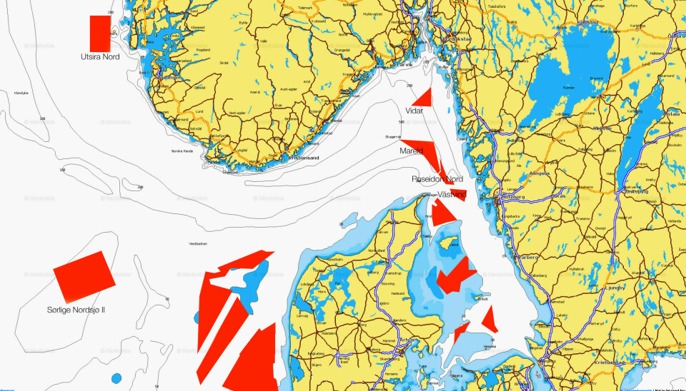 VINDPARKER: Kartet viser havvind som er planlagt fra norsk, dansk og svensk side.