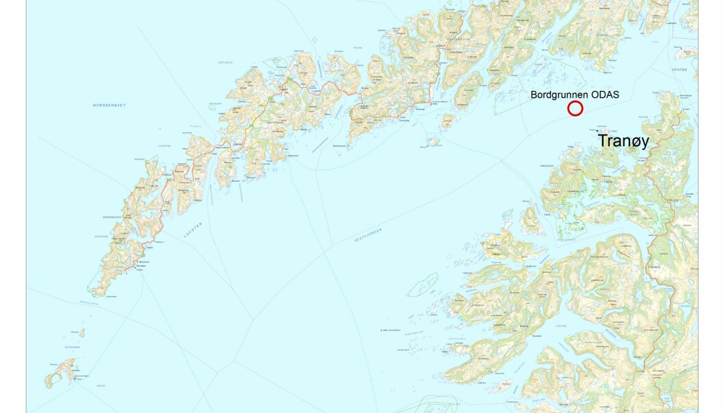 TIL VESTFJORDEN: Bøya plasseres nær Tranøy losbordingsfelt i Nordland nær Hammerøygrunnen i Vestfjorden, som er et værutsatt område. Stedet der bøya skal være er markert som Bordgrunnen ODAS (Ocean data acquisition system) på kartet.