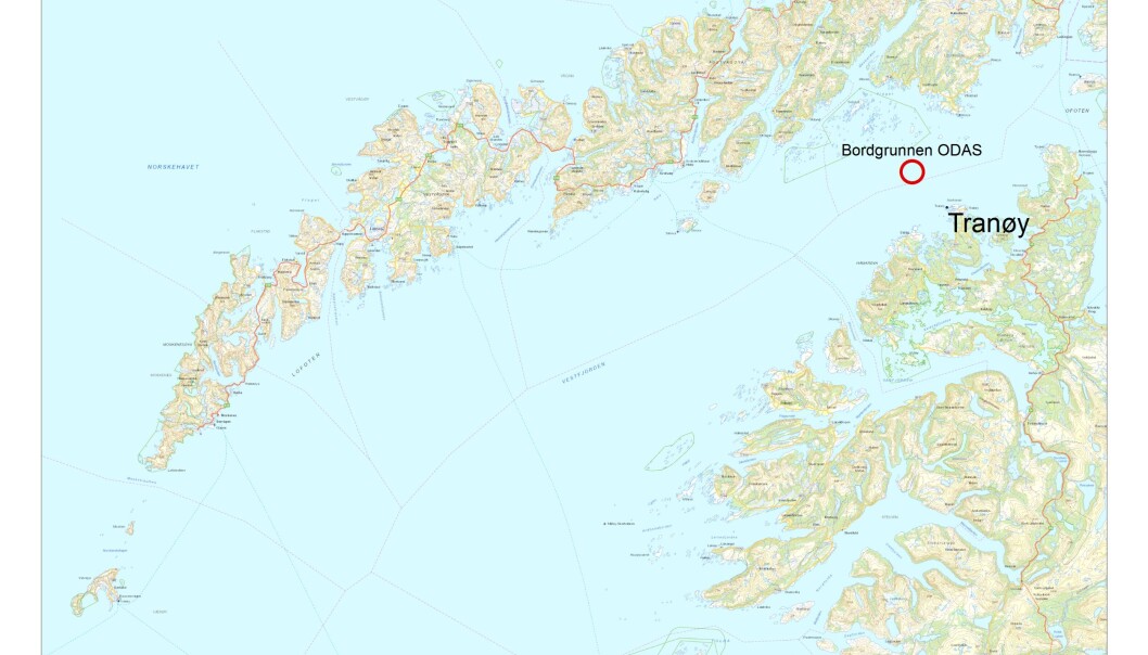 TIL VESTFJORDEN: Bøya plasseres nær Tranøy losbordingsfelt i Nordland nær Hammerøygrunnen i Vestfjorden, som er et værutsatt område. Stedet der bøya skal være er markert som Bordgrunnen ODAS (Ocean data acquisition system) på kartet. TIL VESTFJORDEN: Bøya plasseres nær Tranøy losbordingsfelt i Nordland nær Hammerøygrunnen i Vestfjorden, som er et værutsatt område. Stedet der bøya skal være er markert som Bordgrunnen ODAS (Ocean data acquisition system) på kartet.