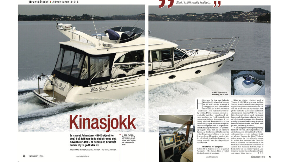 SLAKT: Da Båtmagasinet gjorde bruktbåttest av Adventurer 410 E i 2010, var konklusjonen at det mest lønnsomme antakelig ville være å selge båten i deler. SLAKT: Da Båtmagasinet gjorde bruktbåttest av Adventurer 410 E i 2010, var konklusjonen at det mest lønnsomme antakelig ville være å selge båten i deler.