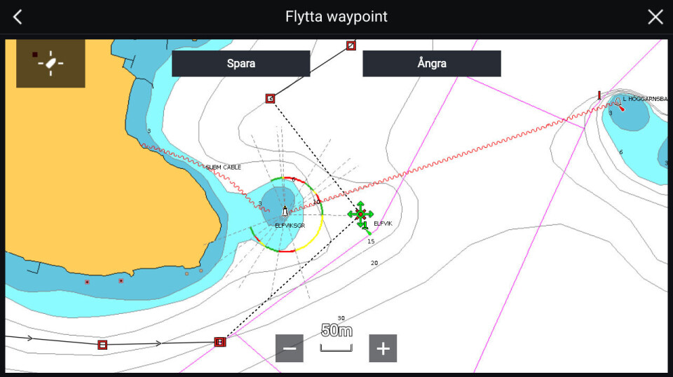 TYNNERE STREK: I Raymarines kartplotter markeres ruteforslaget på denne måten med en strek og røde firekanter. Også her har vi flyttet ruteforslaget og lagt det øst for Elfviksgrund. TYNNERE STREK: I Raymarines kartplotter markeres ruteforslaget på denne måten med en strek og røde firekanter. Også her har vi flyttet ruteforslaget og lagt det øst for Elfviksgrund.