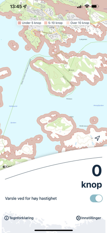 FEM KNOP: Kystverkets app Båtfart viser tydelig at fartsgrensen er 5 knop på nordsiden av Herøya. FEM KNOP: Kystverkets app Båtfart viser tydelig at fartsgrensen er 5 knop på nordsiden av Herøya.