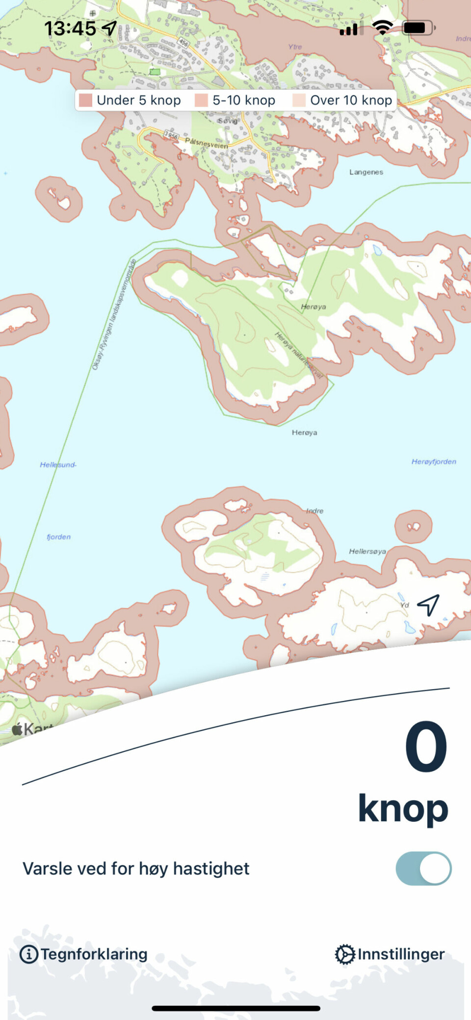 FEM KNOP: Kystverkets app Båtfart viser tydelig at fartsgrensen er 5 knop på nordsiden av Herøya.