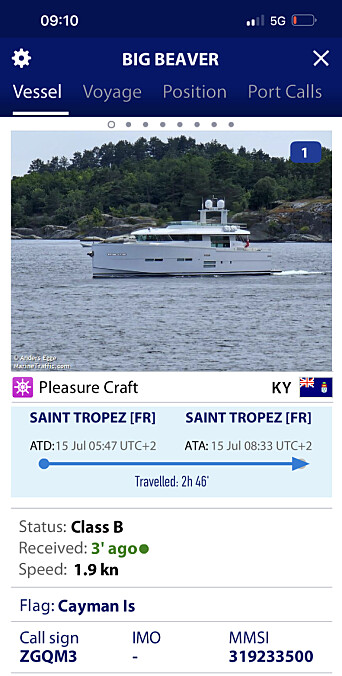 SAINT TROPEZ: Samtidig som båten lå i Farsund-skjærgården, befant den seg også i Frankrike, ifølge AIS-signalene. SAINT TROPEZ: Samtidig som båten lå i Farsund-skjærgården, befant den seg også i Frankrike, ifølge AIS-signalene.