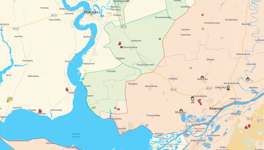 UTSATT OMRÅDE: Det er kun to mil mellom Mikolajev og fronlinjen (merket med rødt).