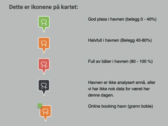 IKONER: Appen viser ikoner om havnestatus. Havner i Norge er sorte. IKONER: Appen viser ikoner om havnestatus. Havner i Norge er sorte.