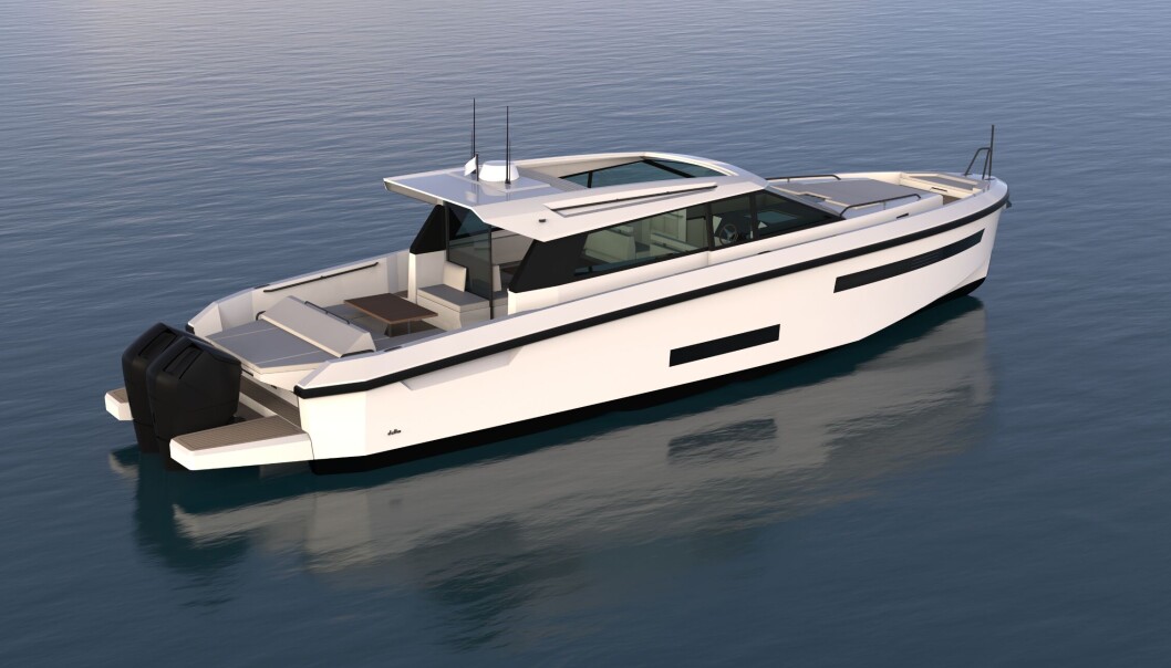 KARBON: Den 15 meter lange båten fra Delta Powerboats lanseres til våren, bygget i karbon for lavere vekt - og med 2xV12 Verado på til sammen 1200 hk. KARBON: Den 15 meter lange båten fra Delta Powerboats lanseres til våren, bygget i karbon for lavere vekt - og med 2xV12 Verado på til sammen 1200 hk.