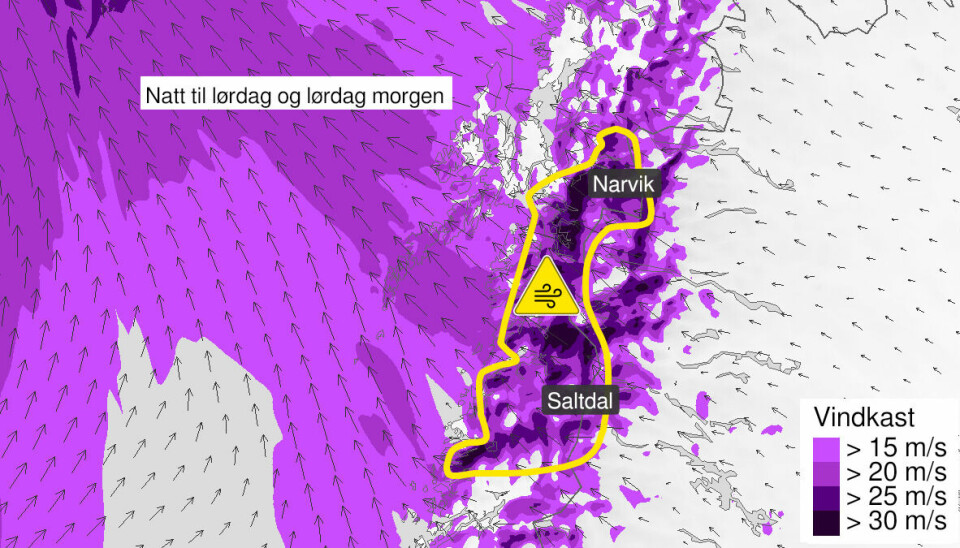 NORD: Fra Vardø, forbi nordkapp og sydover langs hele Norges kyst ventes kuling de neste dagene. Områdene sør for Lofoten og langs Helgelandskysten ventes å ta den verste støyten, med vindkast i orkan styrke natt til lørdag.