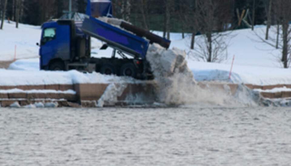 IKKE LOV: Statsforvalteren stanser dumping av snø i Drammenselva.