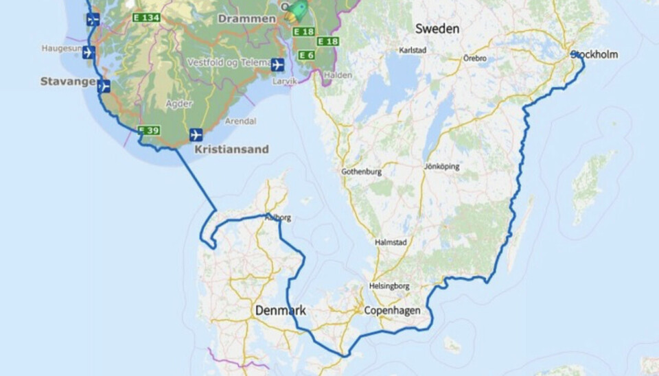 VIA DANMARK: Turen går fra Stockholm via Danmark til Strusshamn på Askøy og er på hele 2 000 kilometer. Arild Fromreide. Once upon a time. Barnekreftforeningen.