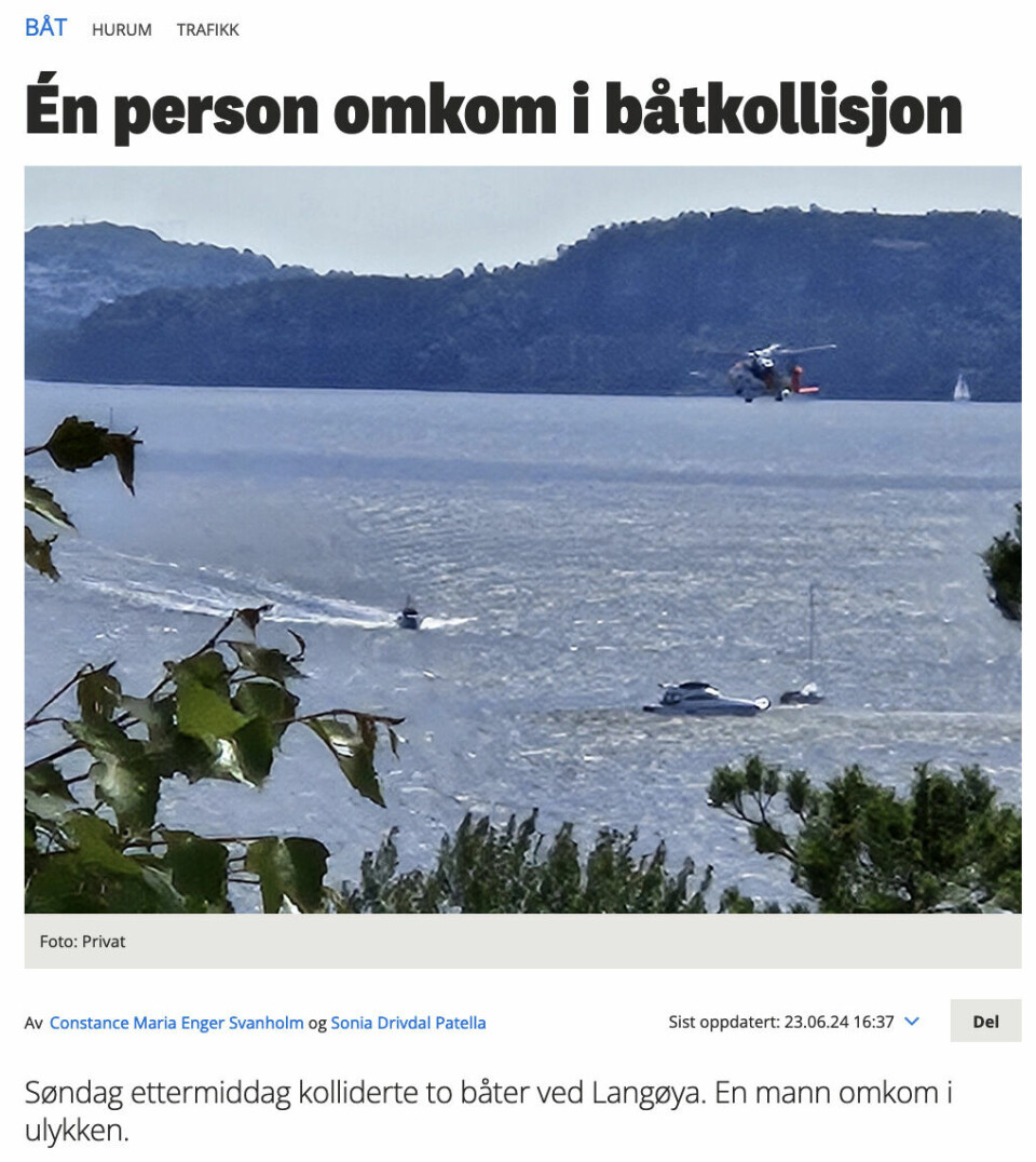Søndag ettermiddag kolliderte en motorbåt og seilbåt i Oslofjorden, og seileren døde.