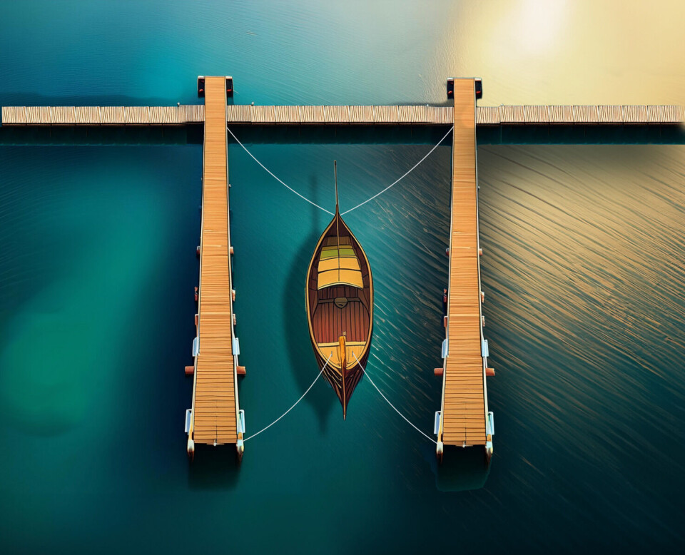 Fortøying på en brygge med utstikkere kan arte seg på dette viset.