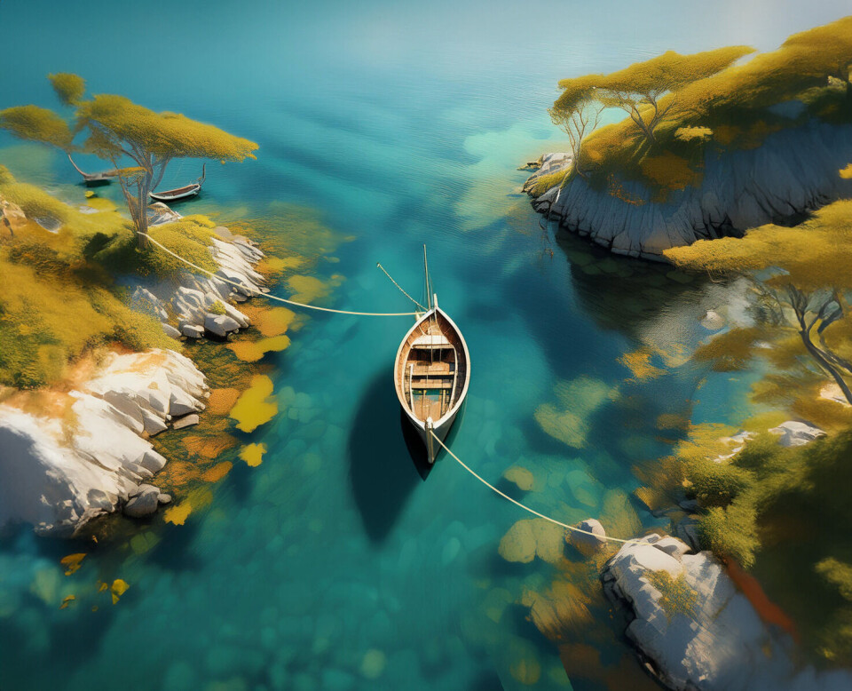 Fortøying i naturhavn kan arte seg på dette viset.