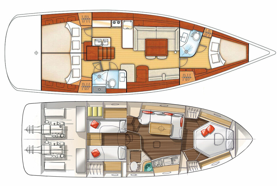 FORSKJELL: Oceanis 46 er
imponerende stor under
dekk. Her er det en lugar mer og et
bad mer. Salongen er mye
støre, det er også byssa. Båten leveres nå også i en fire lugars versjon. da er det plass til en vennefamilie også.Monto Carlo 37 er ikke bare
ni fot kortere enn Oceanis 46 til samme pris. Volumet under dekk kan sammenlignes med
en Oceanis
31 med en
pris som starter på
750 000,-.