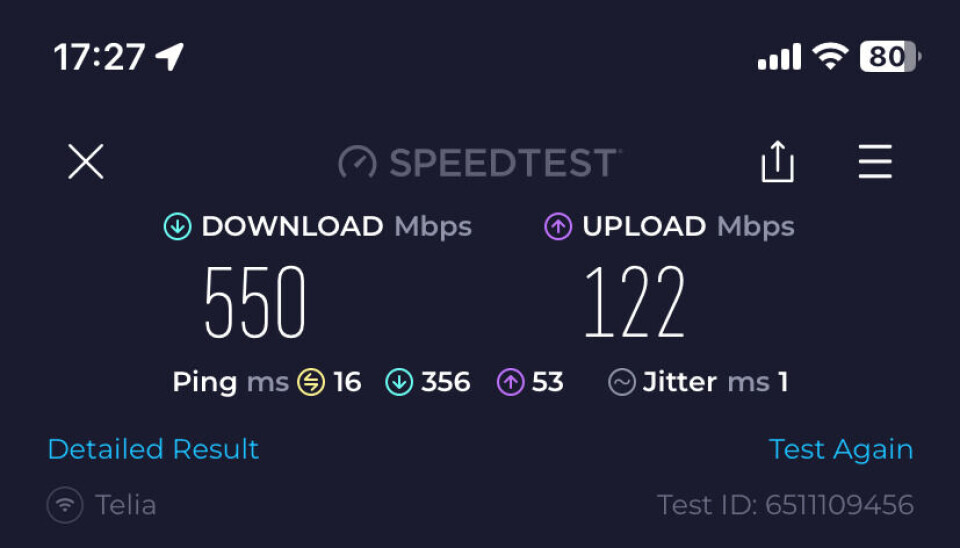 LTC: 550 ned og 122 Mbps opp med LTC 5G routeren i hjemmehavnen.