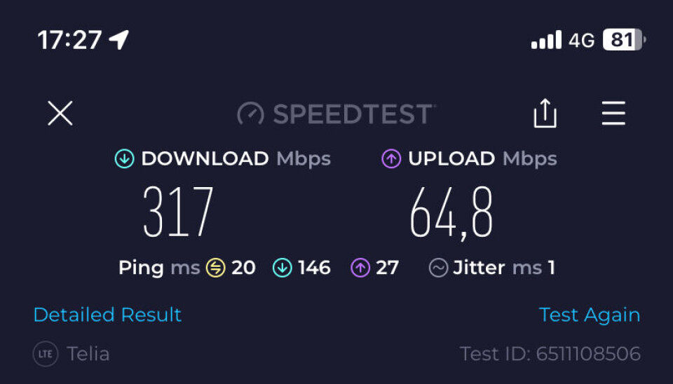 MOBIL: 317 ned og 64,8 Mbps opp med mobilen i hjemmehavnen hvor jeg fikk 4G. Tregere enn med routeren.