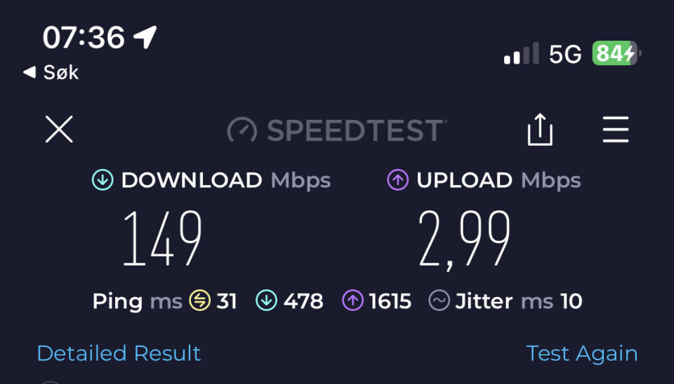 TIL SJØS: Midtveis mellom Bolærne og Strømstad fikk jeg 5G på mobilen, men tregere nedlastning enn 4 G i hjemmehavn.