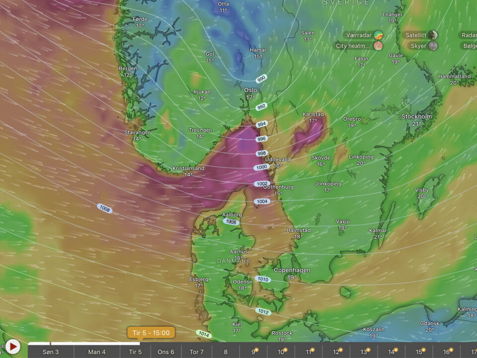 WINDY: Lavtrykk kommer mandag kveld, så finn deg en lun havn.