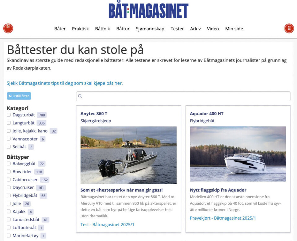 TESTGUIDE: Båtmagasinet har samlet over 1100 båttester i en testguide, der du kan velge hva slags typer båter du vil lese tester om basert på pris, størrelse, båttype, merke og en rekke andre relevante kriterier. TESTGUIDE: Båtmagasinet har samlet over 1100 båttester i en testguide, der du kan velge hva slags typer båter du vil lese tester om basert på pris, størrelse, båttype, merke og en rekke andre relevante kriterier.