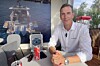 Mann i hvit skjorte ved et bord, med motorbåt, palmer og Coca-Cola-boks i bildet.